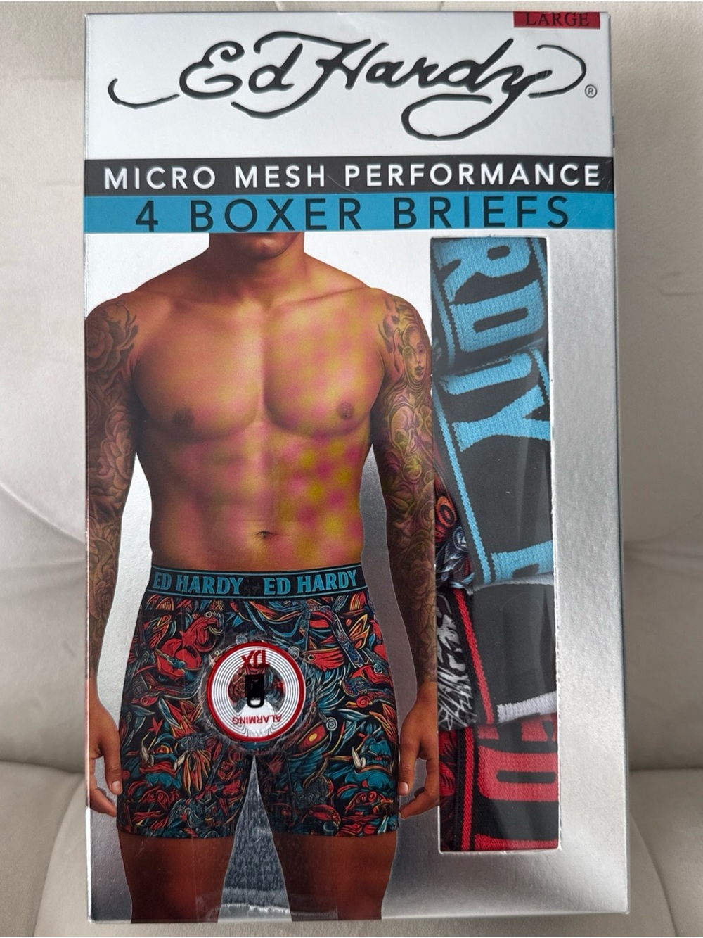 Ed Hardy Men’s Multi-Color Graphic Boxer Briefs Pack - Blue/Black/Red Accents